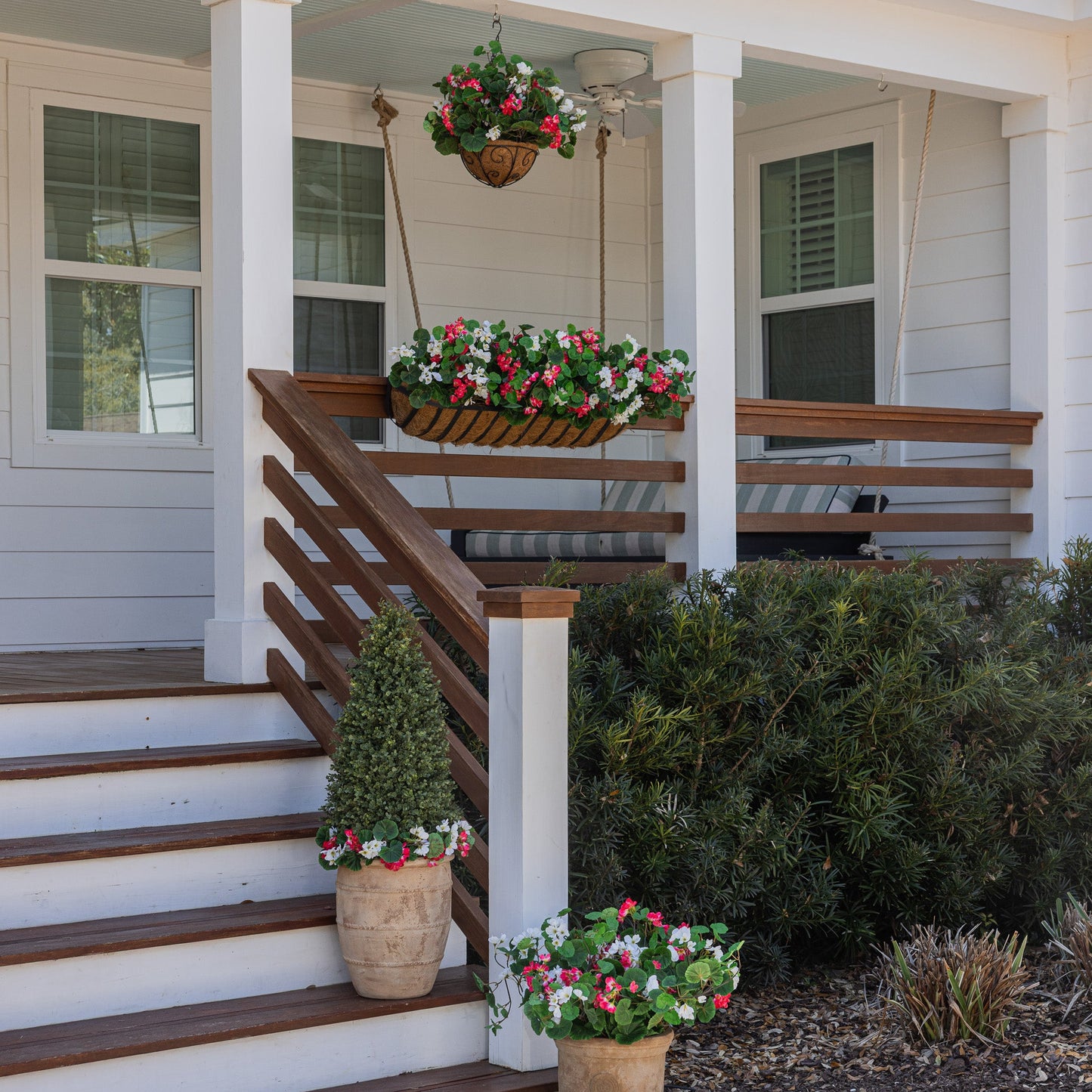 Lifelike Geranium Hanging Basket - Red and White