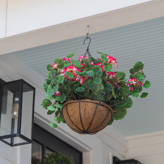 Lifelike Geranium Hanging Basket - Red - Celestial Lights