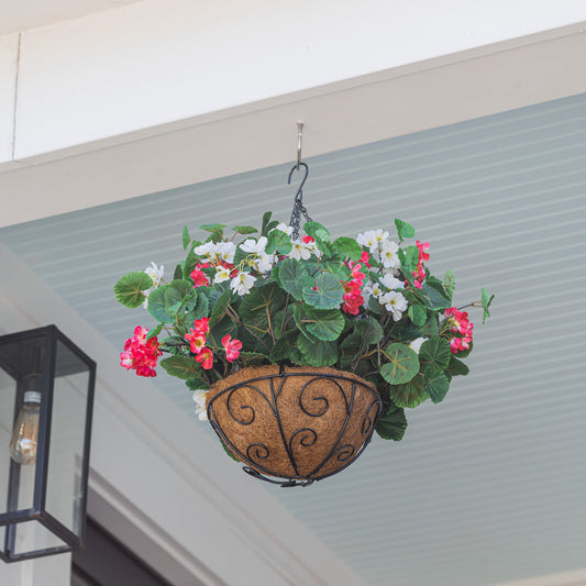 Lifelike Geranium Hanging Basket - Red and White - Celestial Lights