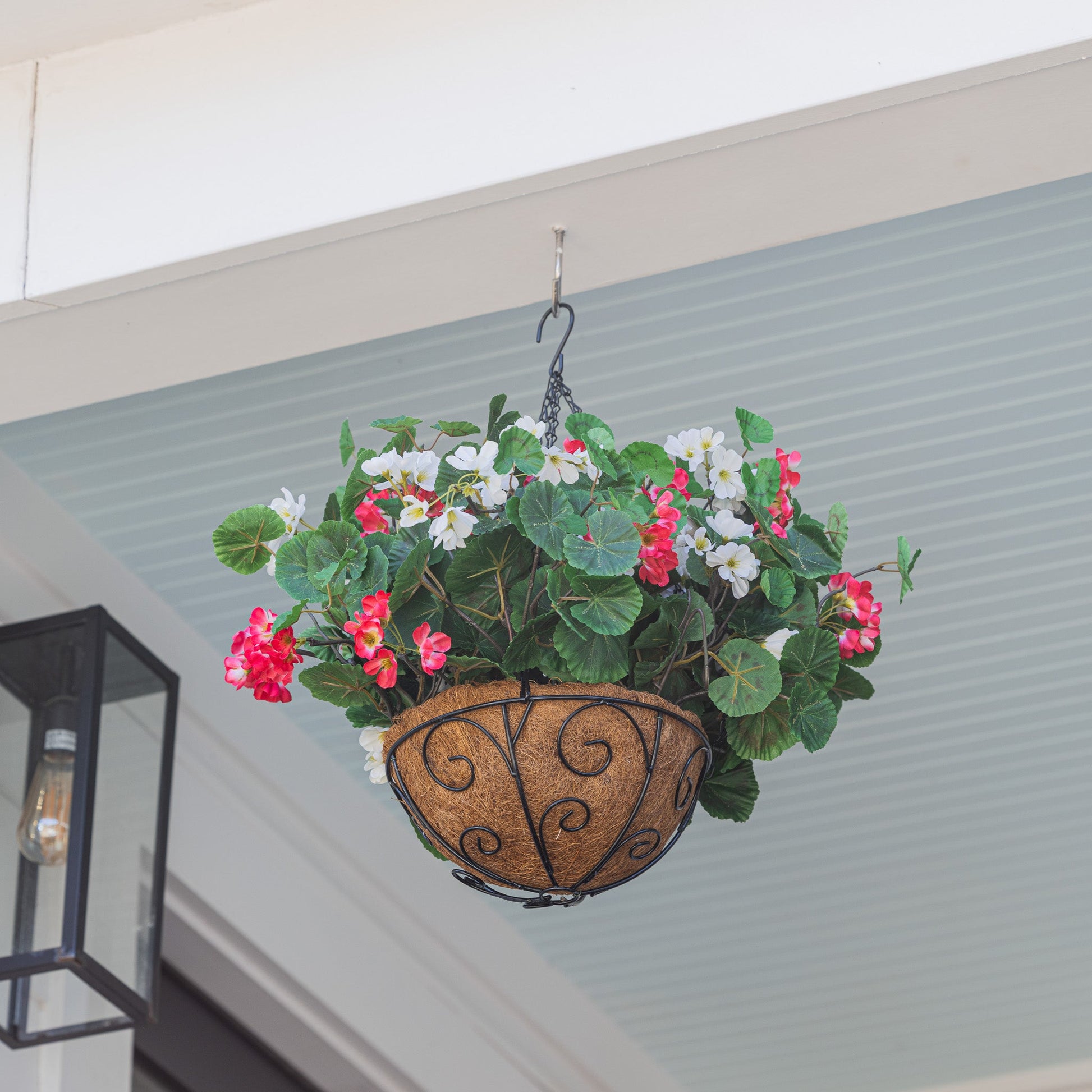 Lifelike Geranium Hanging Basket - Red and White - Celestial Lights