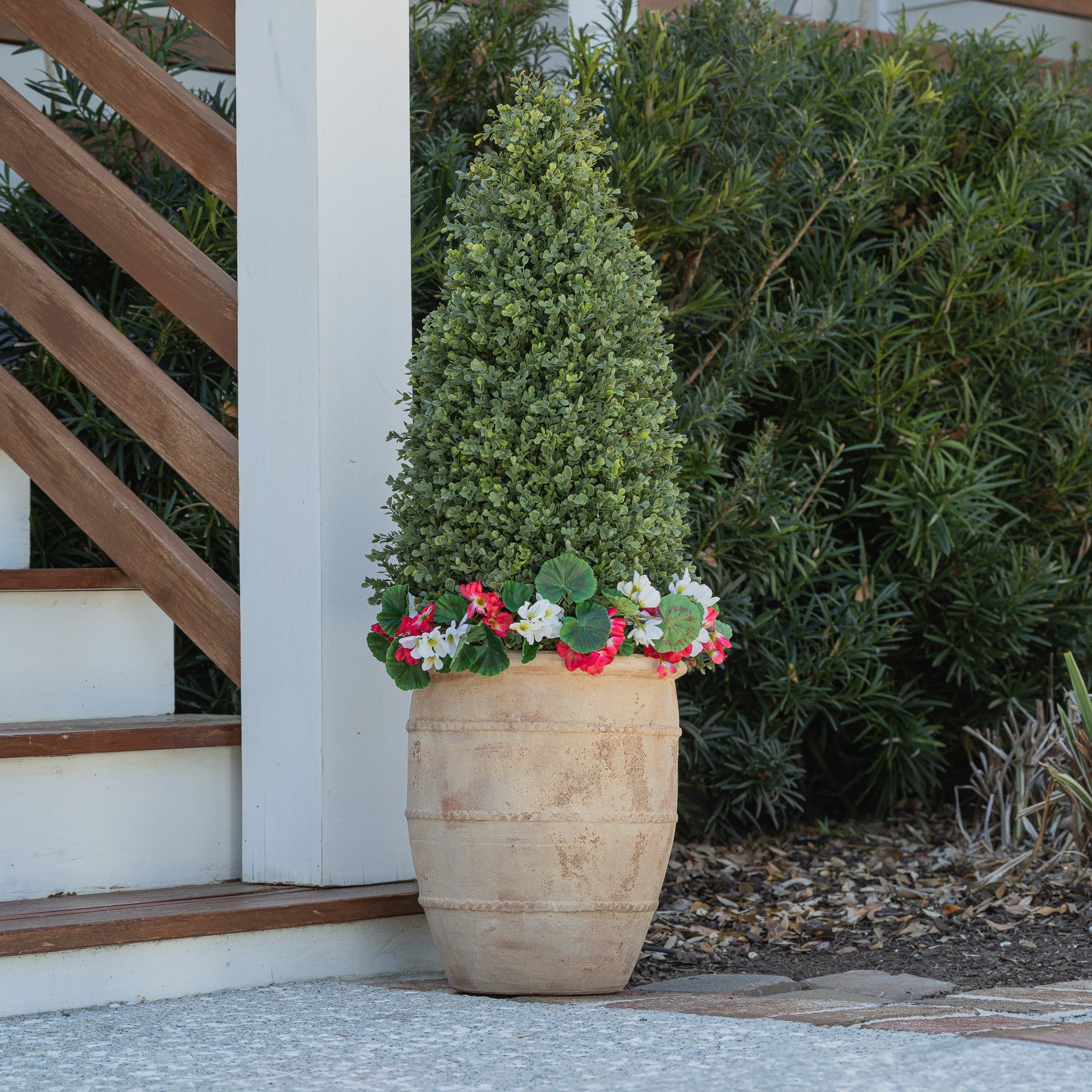 Lifelike Geranium Urn Accent - Red and White - Celestial Lights
