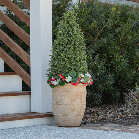 Lifelike Geranium Urn Accent - Red and White - Celestial Lights