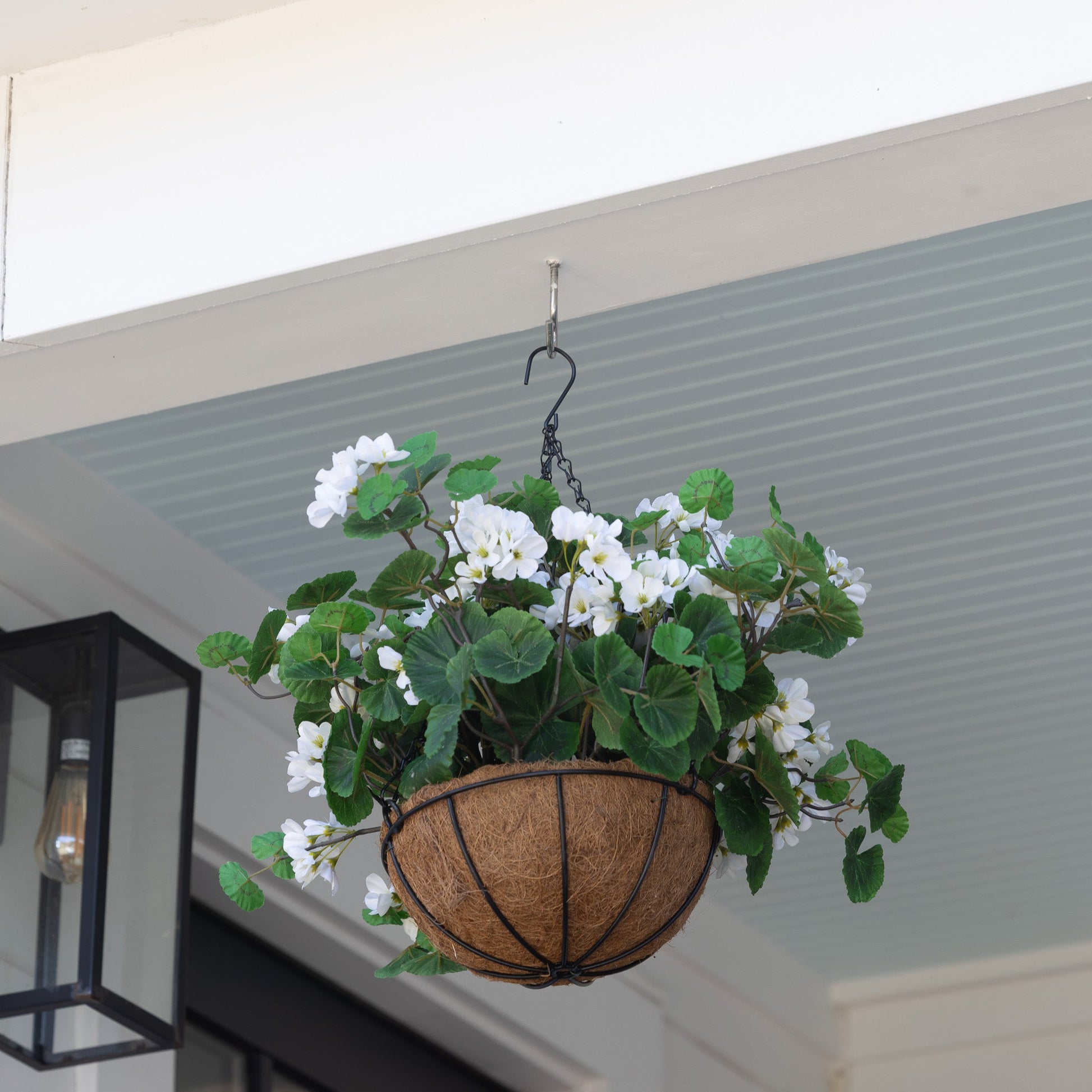 Lifelike Geranium Hanging Basket - White - Celestial Lights