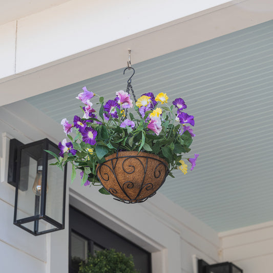 Lifelike Petunia Hanging Basket - Purple and Yellow - Celestial Lights